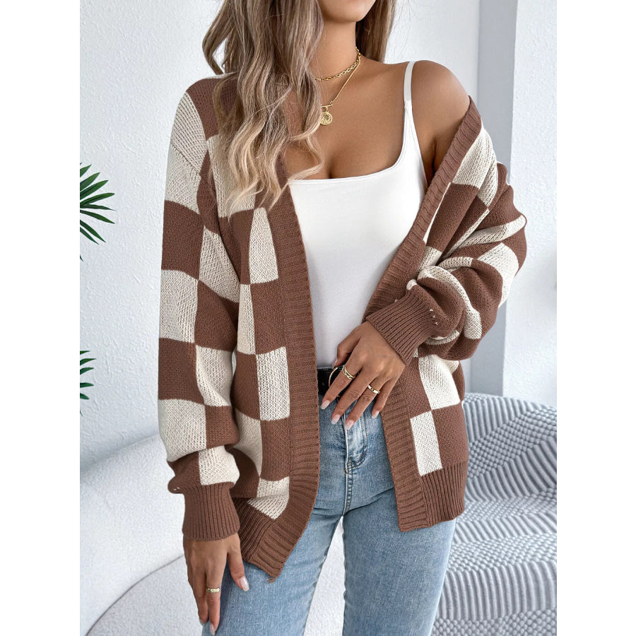 Checkerboard Pattern Open Front Knit Cardigan Taupe / S Apparel and Accessories