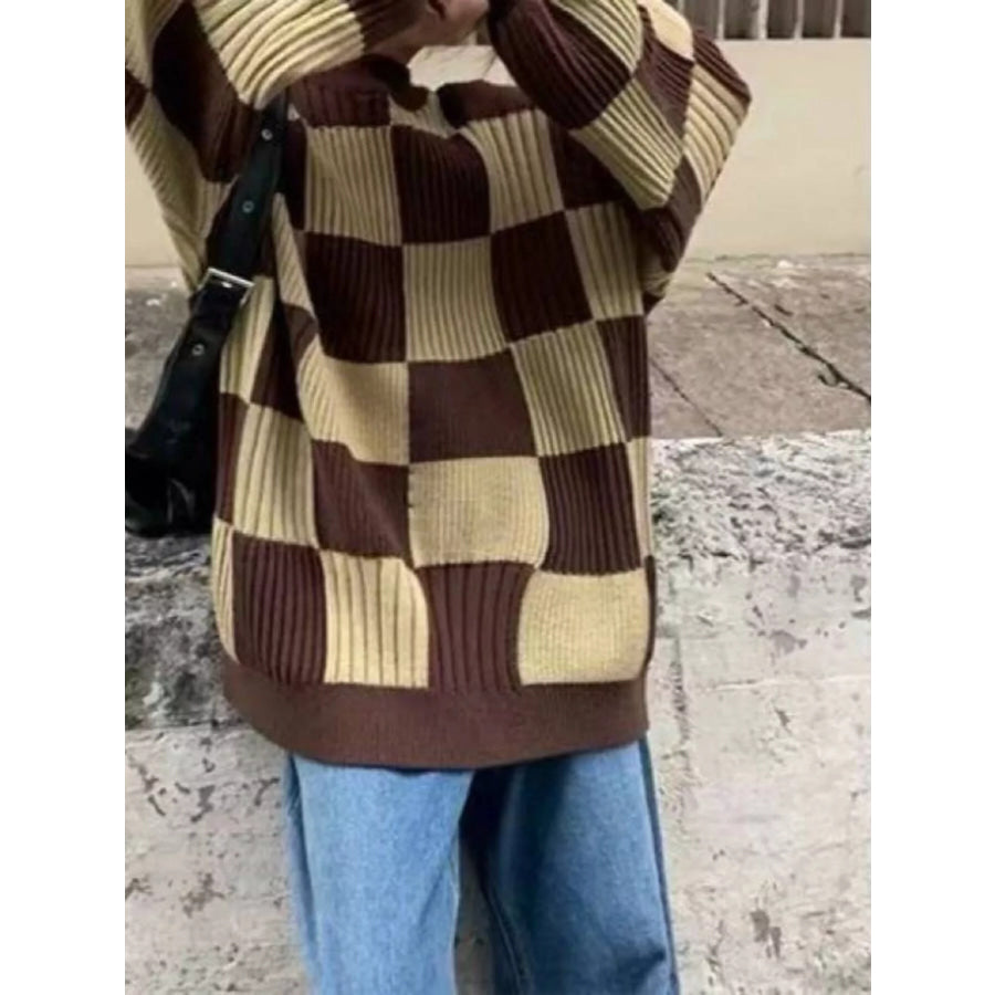 Checkerboard Pattern Oversized Sweater Apparel and Accessories