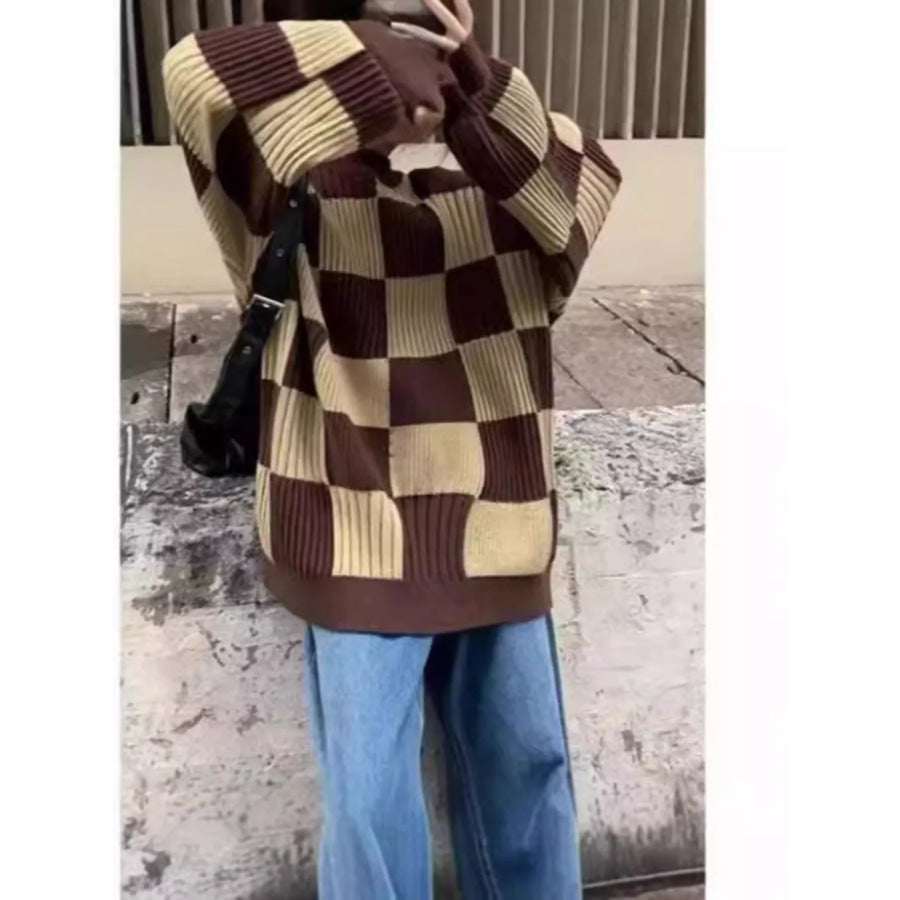 Checkerboard Pattern Oversized Sweater Apparel and Accessories