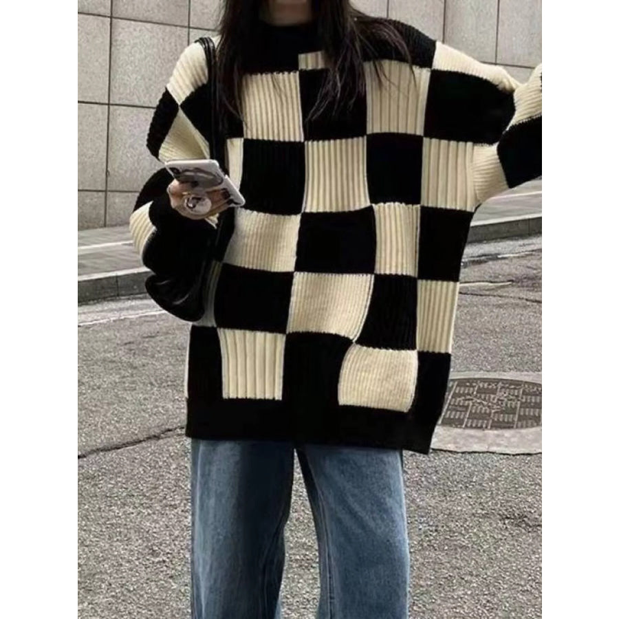 Checkerboard Pattern Oversized Sweater Apparel and Accessories