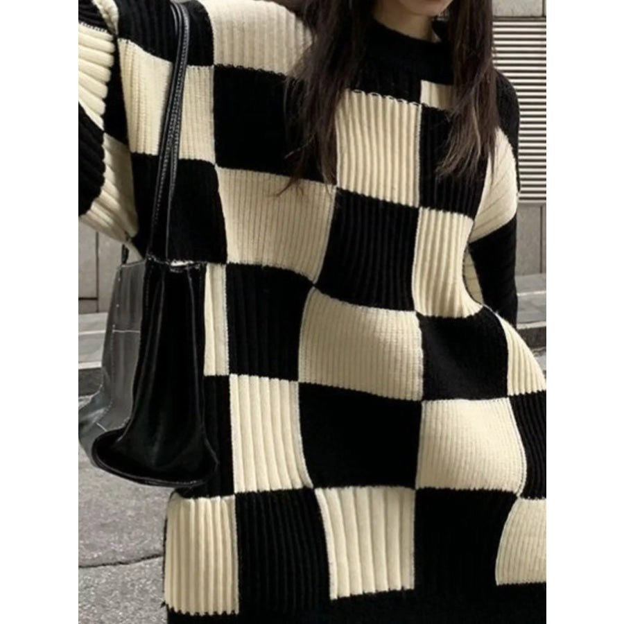 Checkerboard Pattern Oversized Sweater Apparel and Accessories