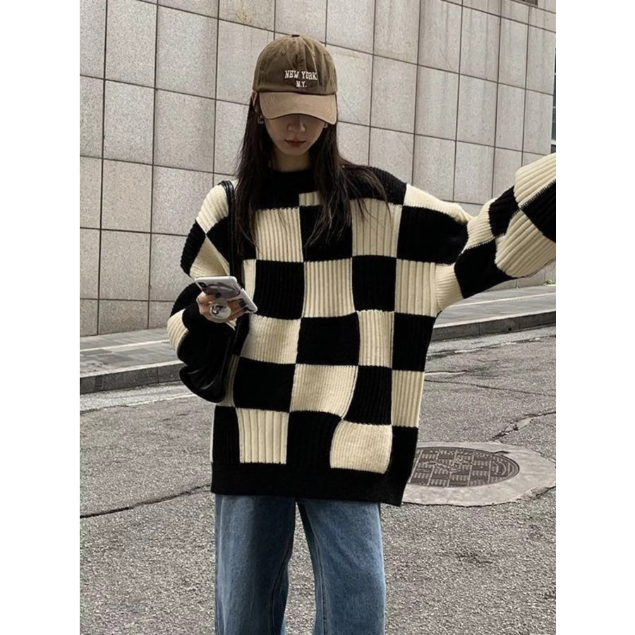 Checkerboard Pattern Oversized Sweater Black / One Size Apparel and Accessories