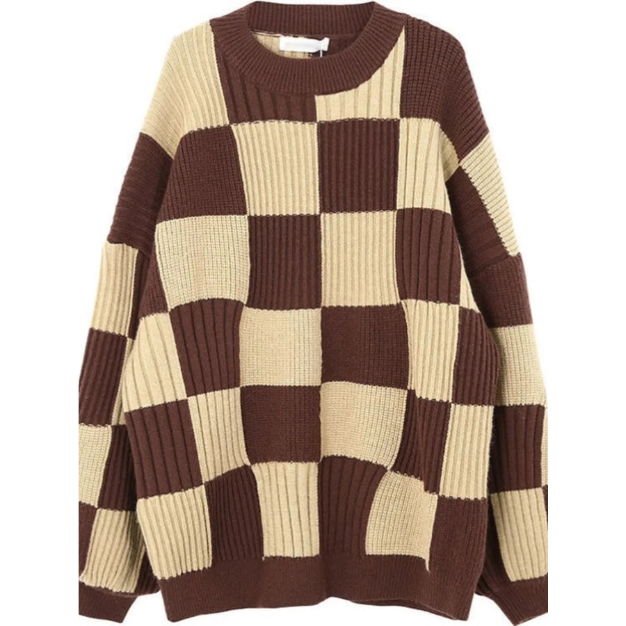 Checkerboard Pattern Oversized Sweater Khaki / One Size Apparel and Accessories