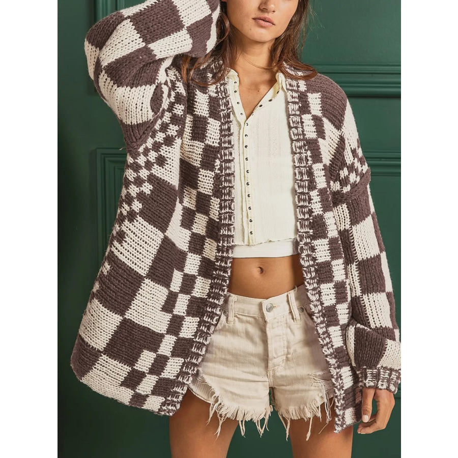 Checkerboard Pattern Sweater Cardigan Taupe / S Apparel and Accessories