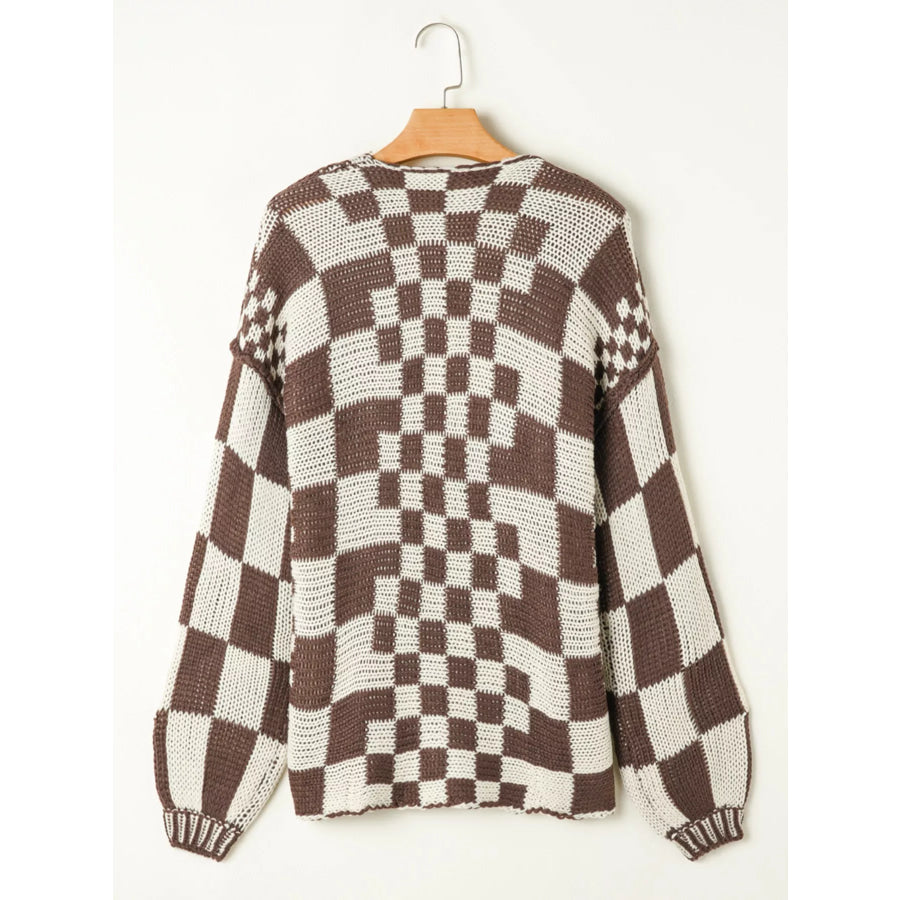 Checkerboard Pattern Sweater Cardigan Apparel and Accessories
