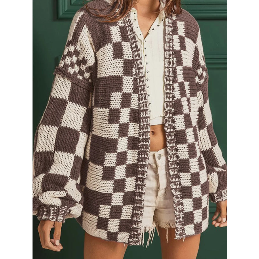 Checkerboard Pattern Sweater Cardigan Taupe / S Apparel and Accessories
