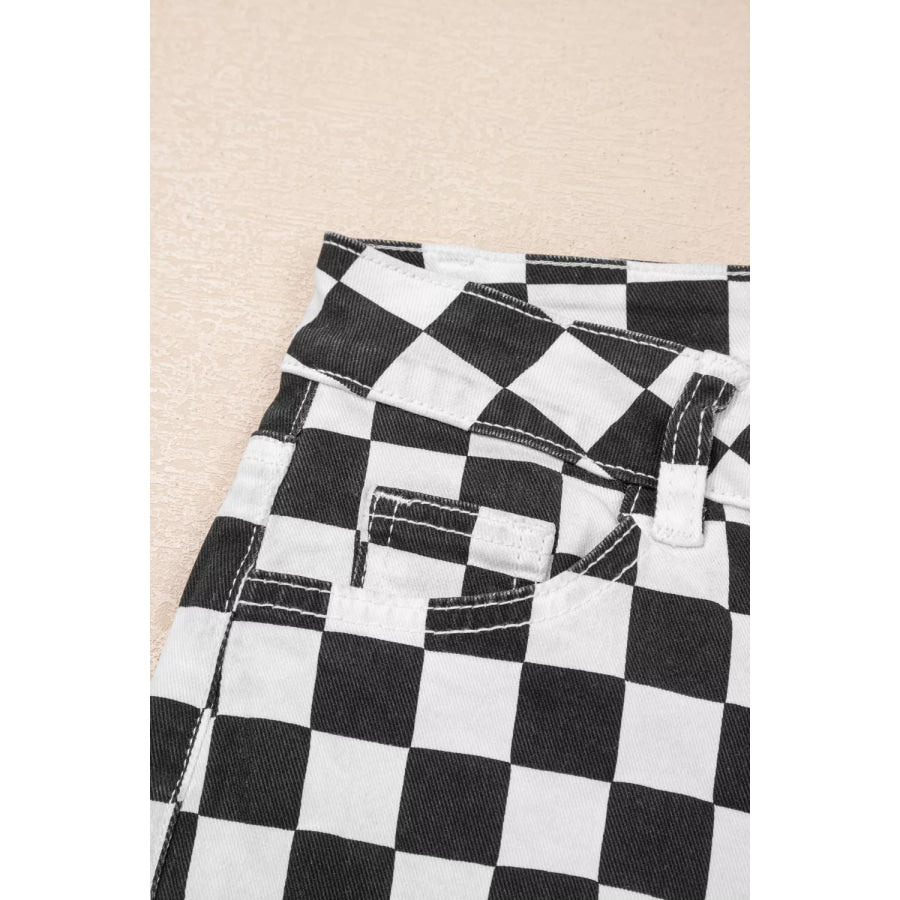 Checkerboard Print Distressed Holes Raw Edge Cropped Jeans Apparel and Accessories
