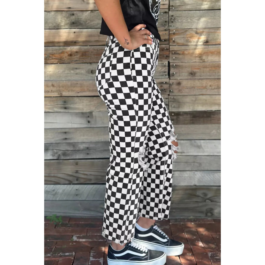 Checkerboard Print Distressed Holes Raw Edge Cropped Jeans Apparel and Accessories