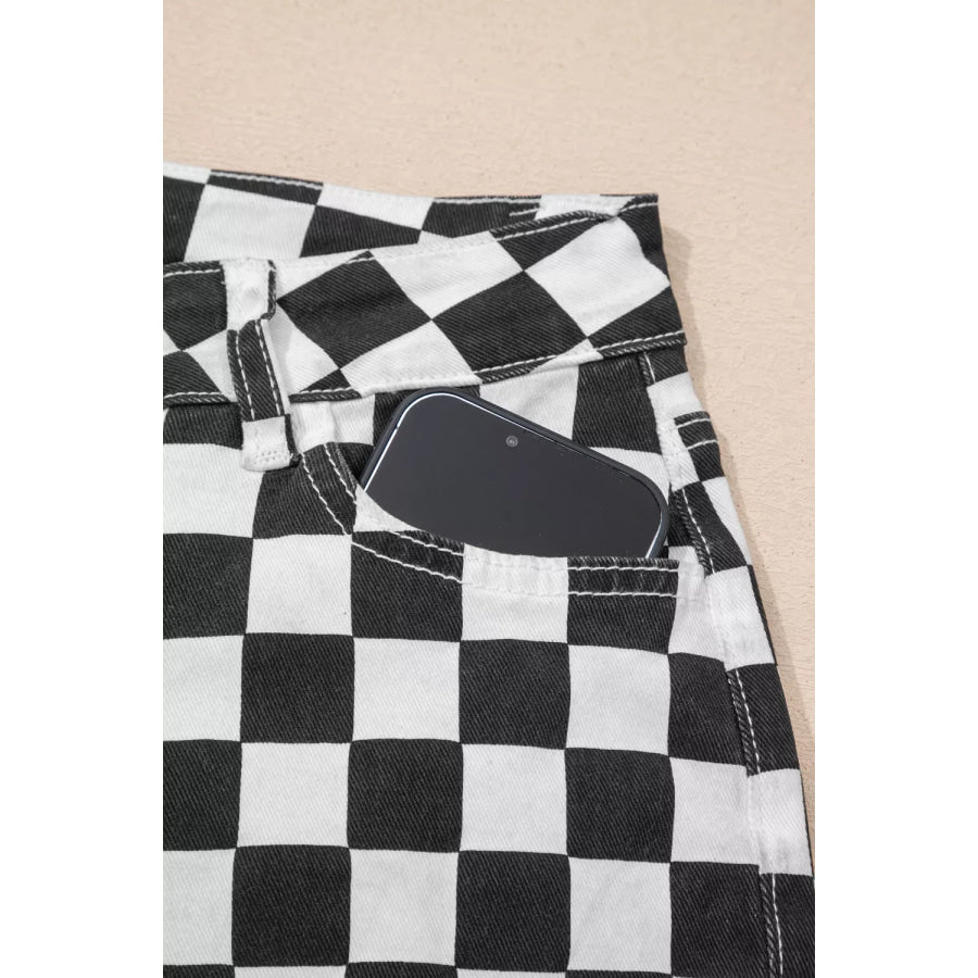 Checkerboard Print Distressed Holes Raw Edge Cropped Jeans Apparel and Accessories