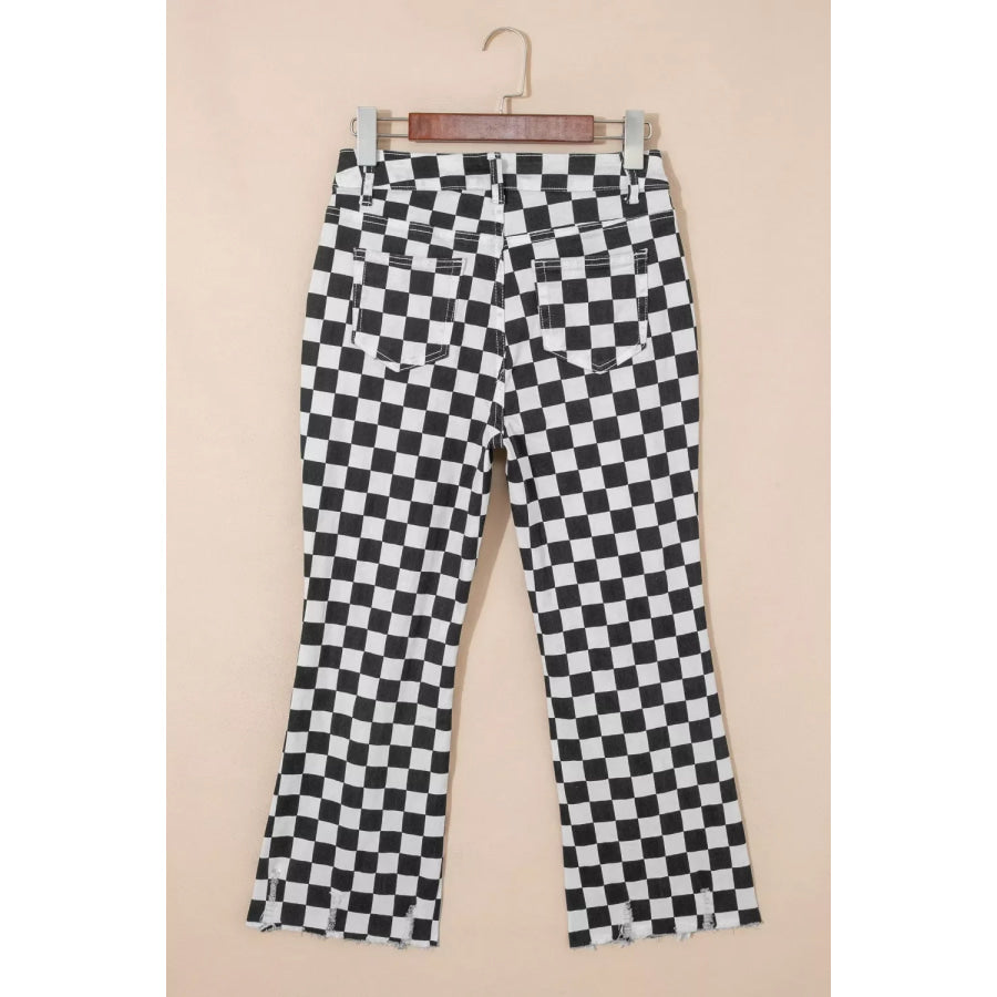 Checkerboard Print Distressed Holes Raw Edge Cropped Jeans Apparel and Accessories