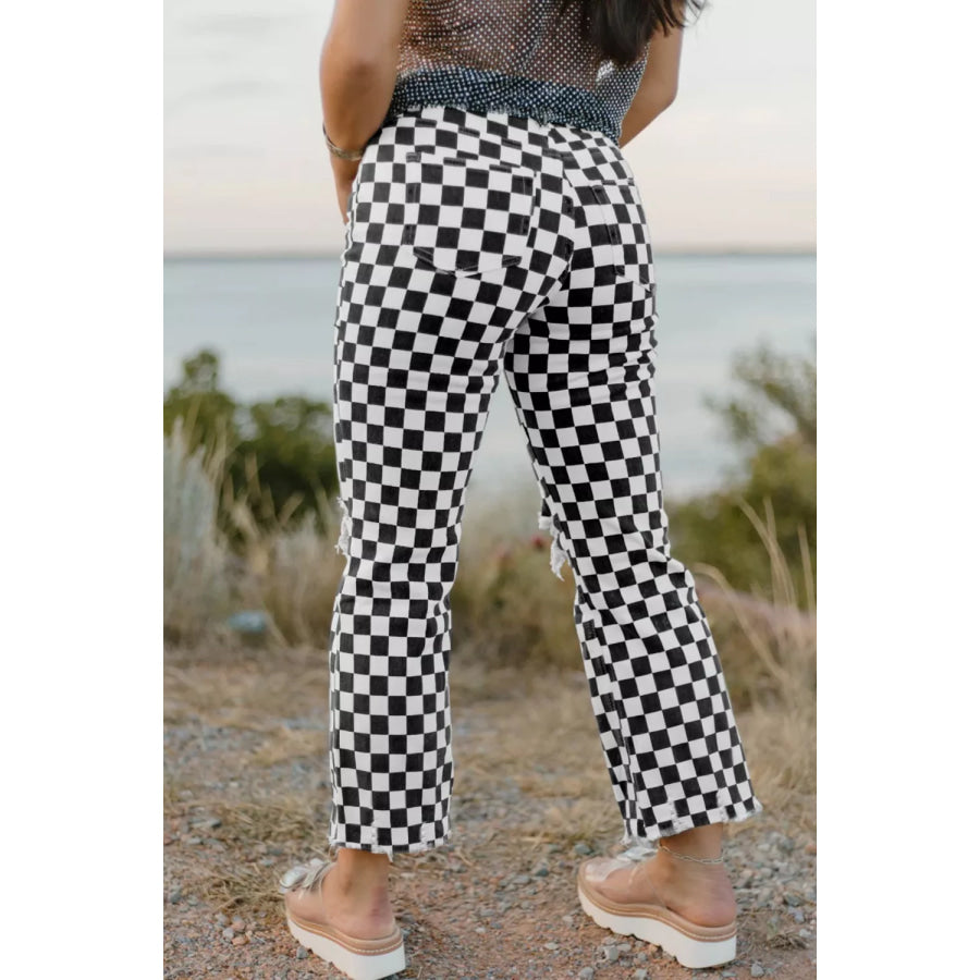 Checkerboard Print Distressed Holes Raw Edge Cropped Jeans Apparel and Accessories