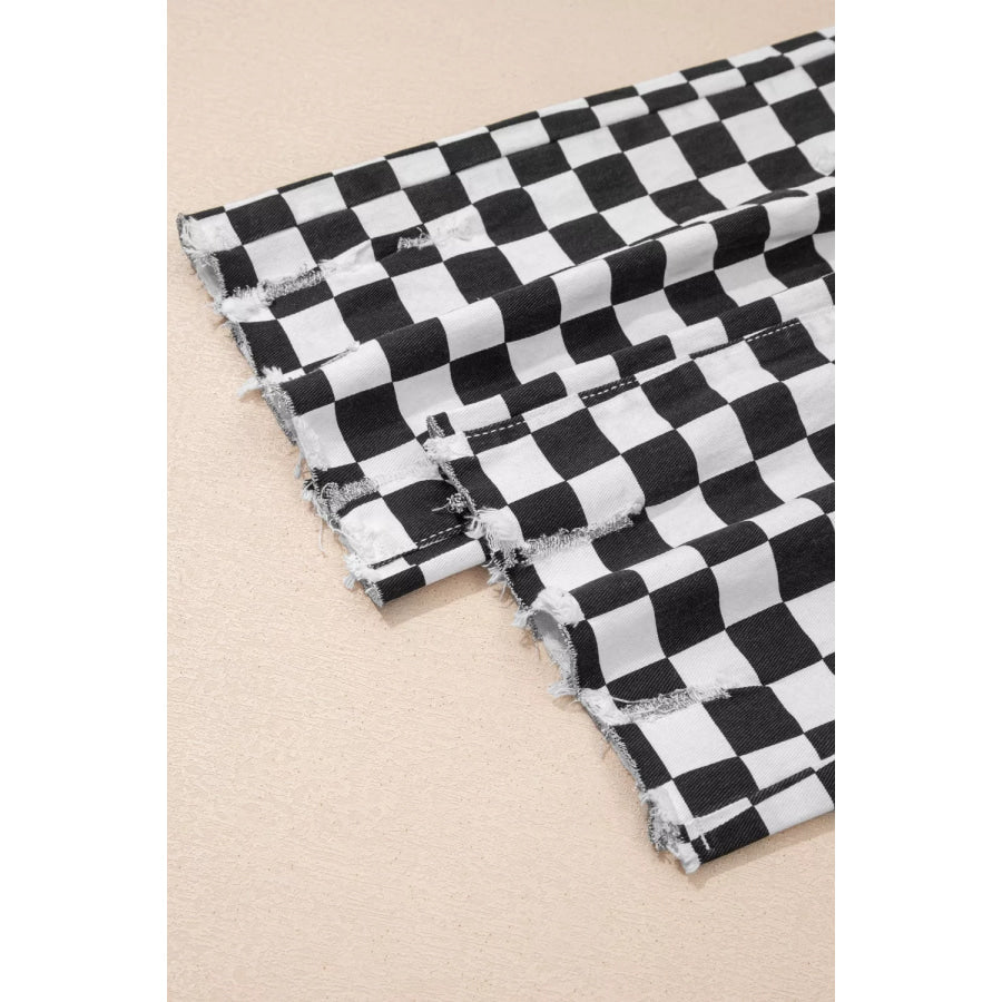 Checkerboard Print Distressed Holes Raw Edge Cropped Jeans Apparel and Accessories