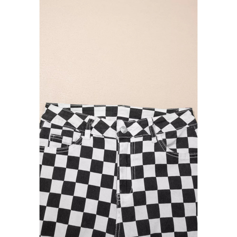 Checkerboard Print Distressed Holes Raw Edge Cropped Jeans Apparel and Accessories