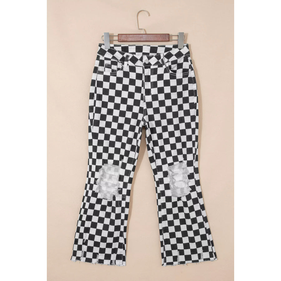 Checkerboard Print Distressed Holes Raw Edge Cropped Jeans Apparel and Accessories