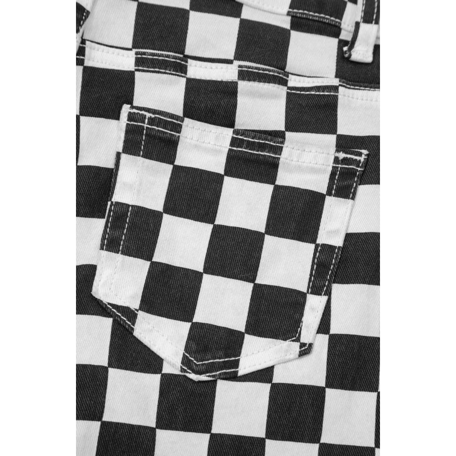 Checkerboard Print Distressed Holes Raw Edge Cropped Jeans Apparel and Accessories