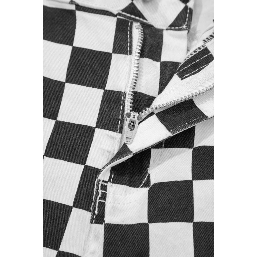 Checkerboard Print Distressed Holes Raw Edge Cropped Jeans Apparel and Accessories