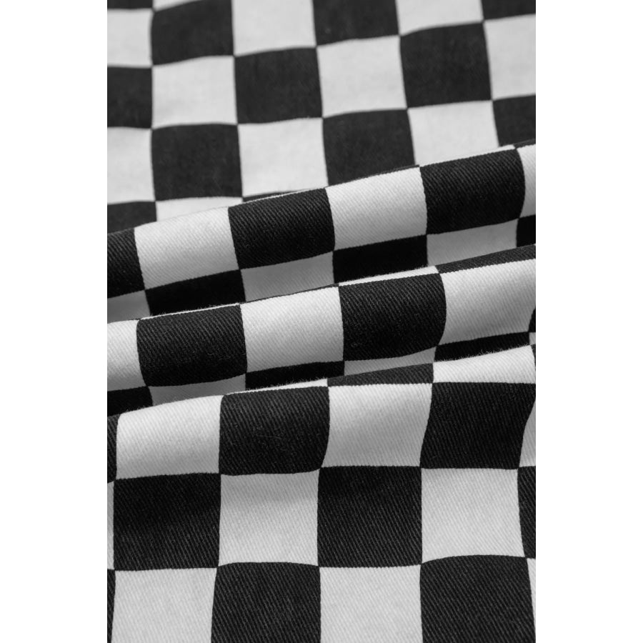Checkerboard Print Distressed Holes Raw Edge Cropped Jeans Apparel and Accessories