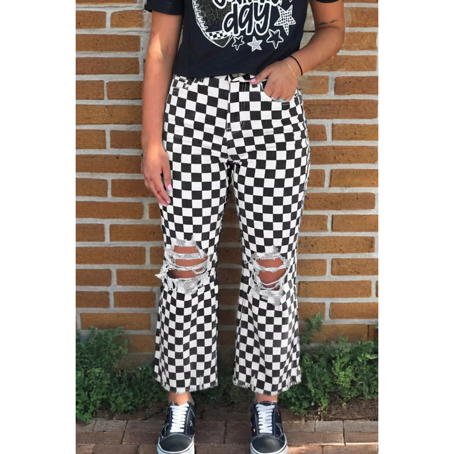 Checkerboard Print Distressed Holes Raw Edge Cropped Jeans Black / 4 Apparel and Accessories