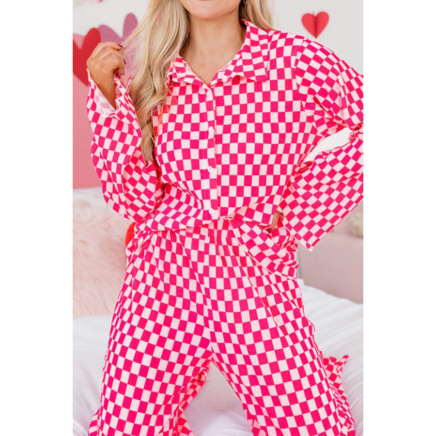 Checkerboard Print Long Sleeve Top and Pants Set Apparel and Accessories