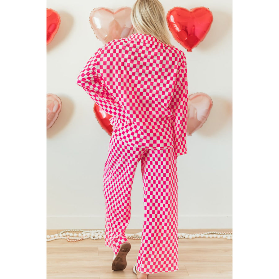 Checkerboard Print Long Sleeve Top and Pants Set Apparel and Accessories