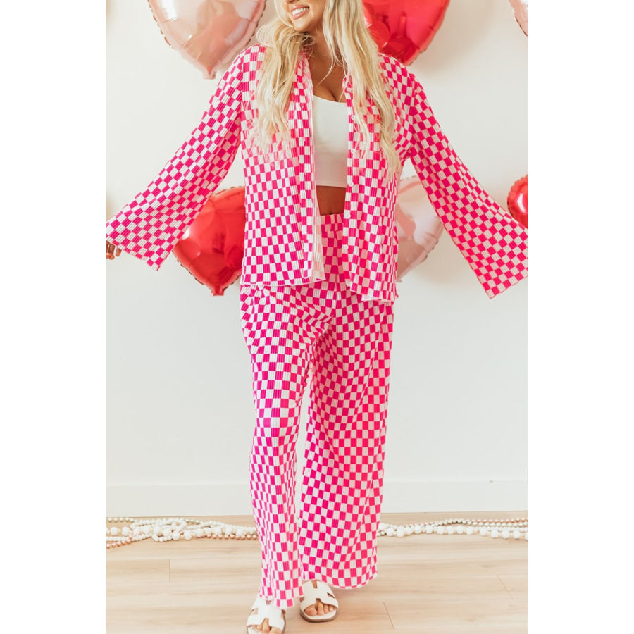 Checkerboard Print Long Sleeve Top and Pants Set Apparel and Accessories