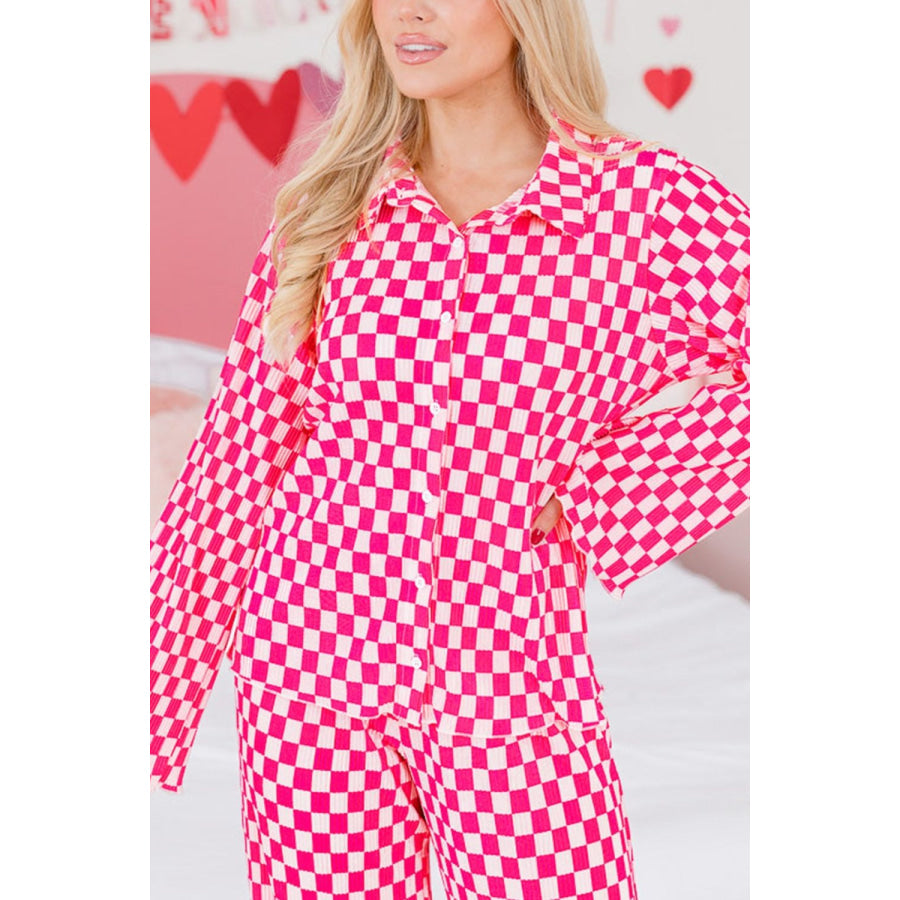 Checkerboard Print Long Sleeve Top and Pants Set Apparel and Accessories