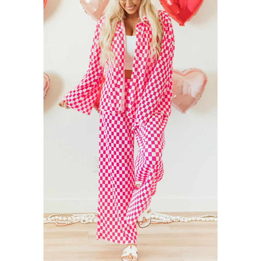 Checkerboard Print Long Sleeve Top and Pants Set Strawberry / M Apparel and Accessories