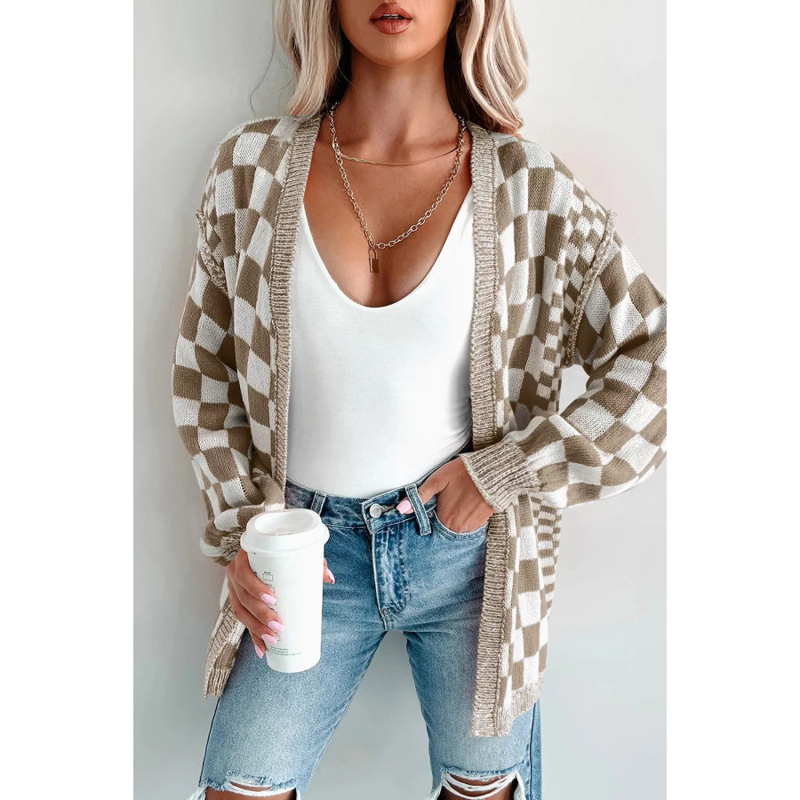 Checkerboard Print Open Front Knit Cardigan Apparel and Accessories