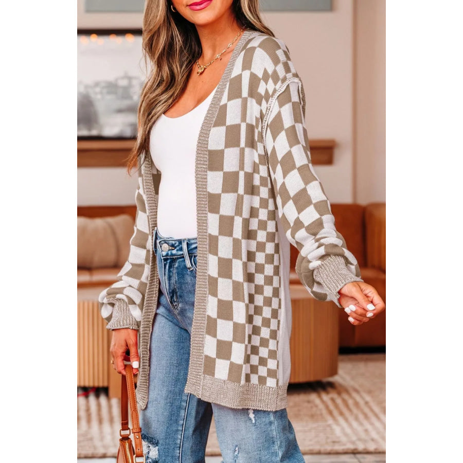 Checkerboard Print Open Front Knit Cardigan Apparel and Accessories