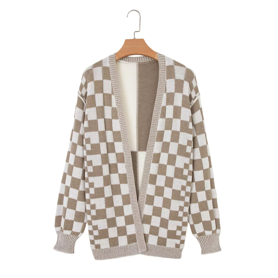 Checkerboard Print Open Front Knit Cardigan Apparel and Accessories