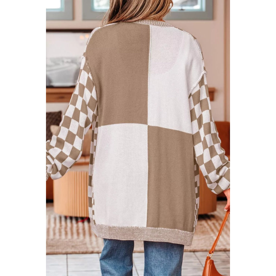 Checkerboard Print Open Front Knit Cardigan Apparel and Accessories