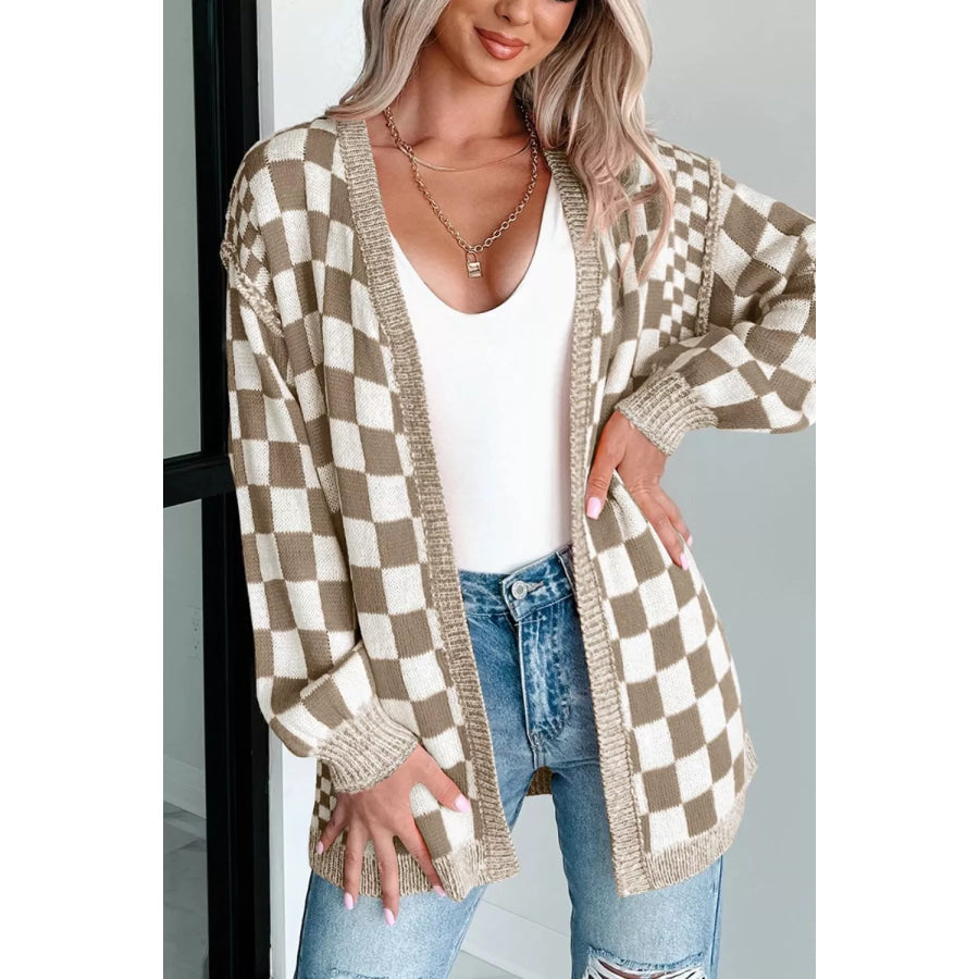 Checkerboard Print Open Front Knit Cardigan Apparel and Accessories