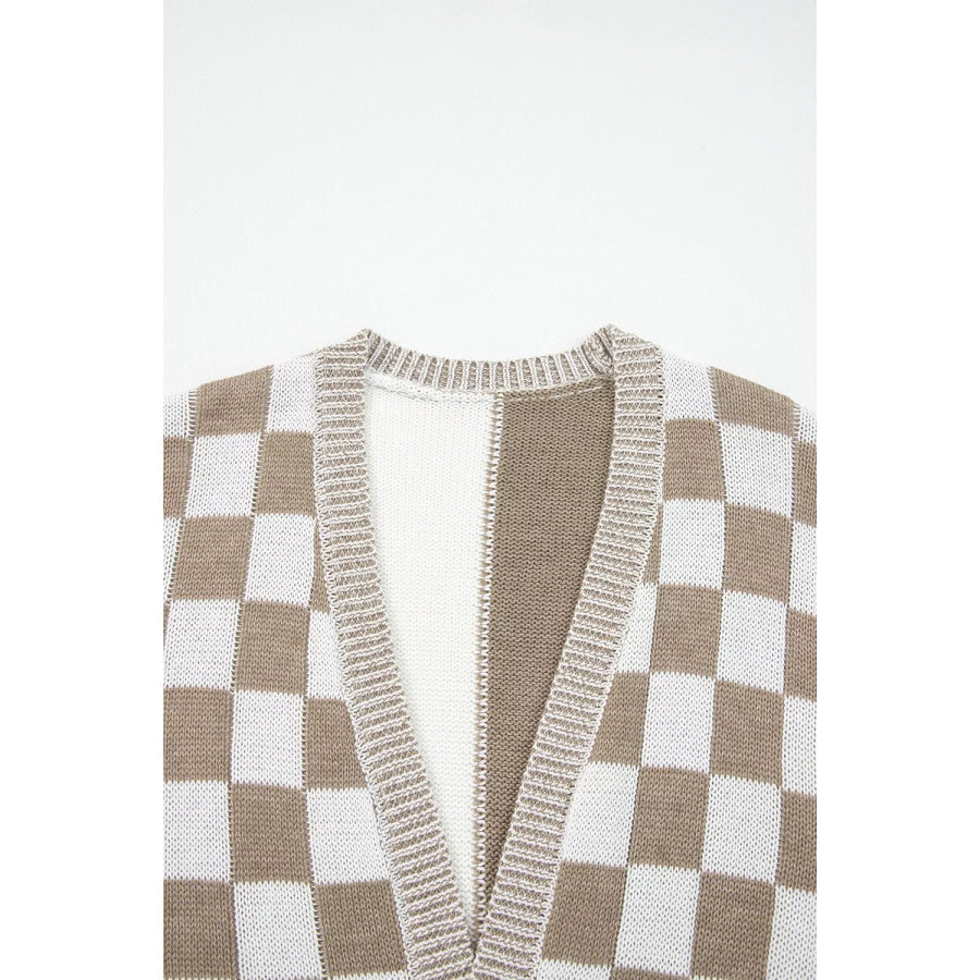 Checkerboard Print Open Front Knit Cardigan Apparel and Accessories
