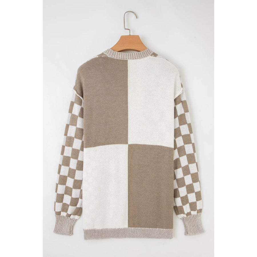 Checkerboard Print Open Front Knit Cardigan Apparel and Accessories