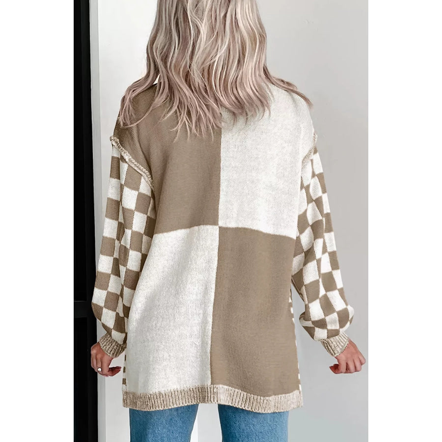 Checkerboard Print Open Front Knit Cardigan Apparel and Accessories