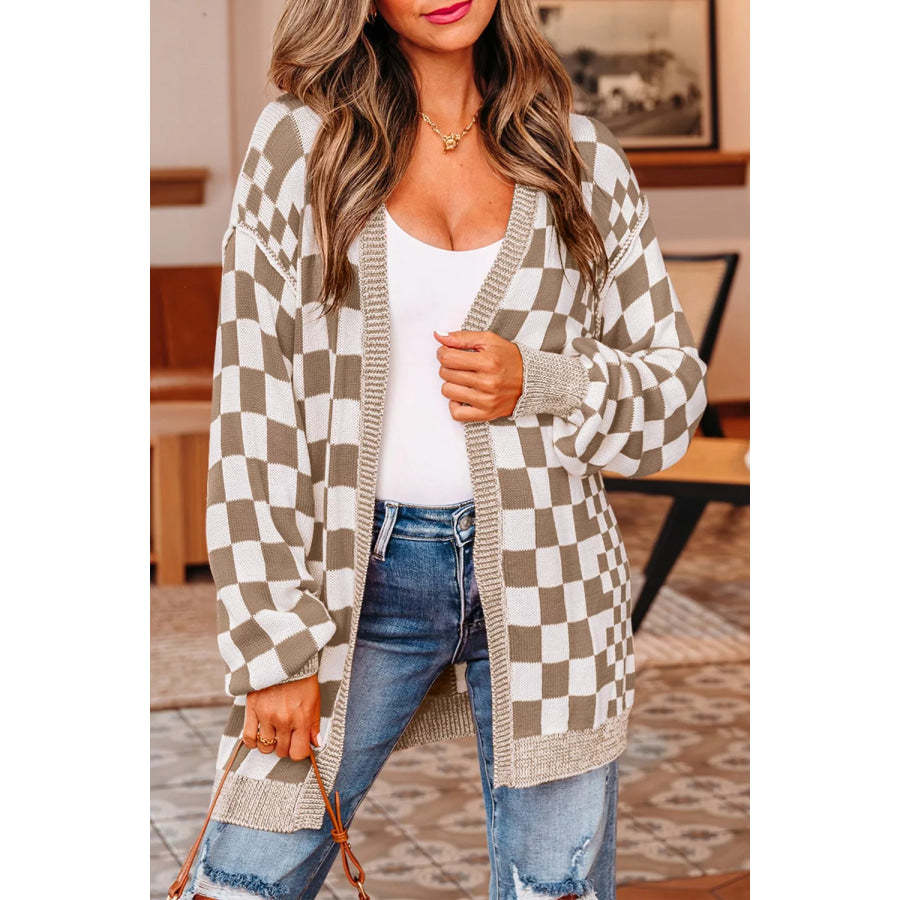 Checkerboard Print Open Front Knit Cardigan Mocha / S Apparel and Accessories