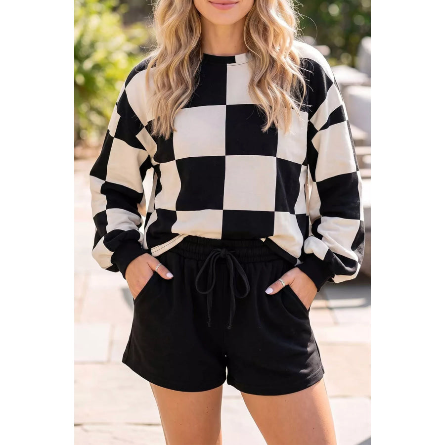 Checkerboard Print Sweatshirt and Shorts Set Black / S Apparel and Accessories
