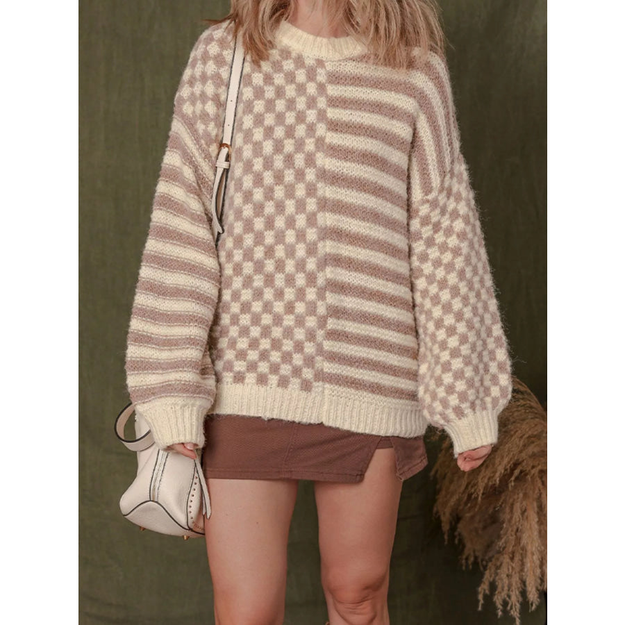 Checkerboard & Striped Pattern Knit Sweater Apparel and Accessories
