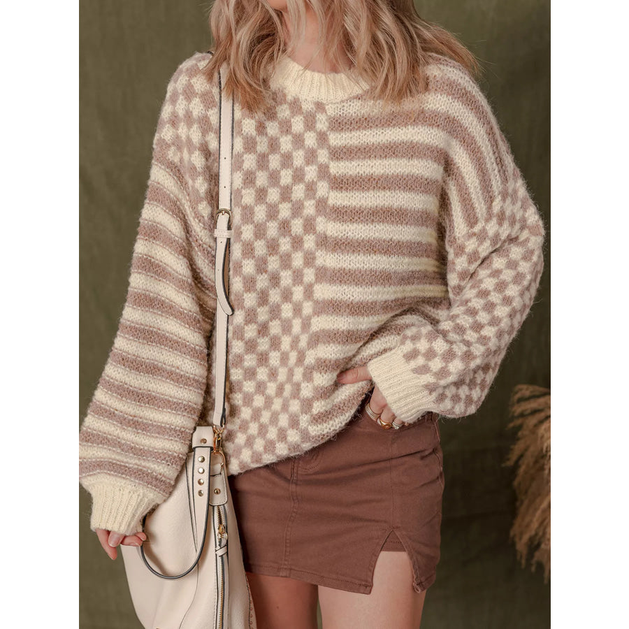 Checkerboard & Striped Pattern Knit Sweater Apparel and Accessories