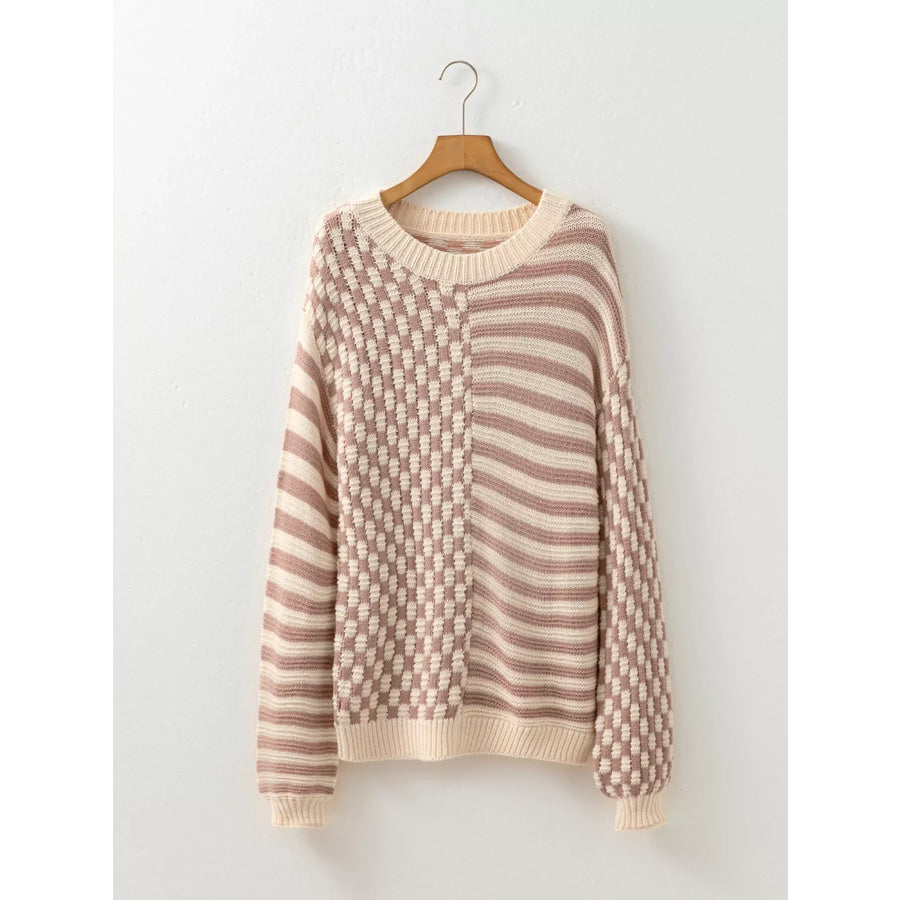 Checkerboard & Striped Pattern Knit Sweater Apparel and Accessories