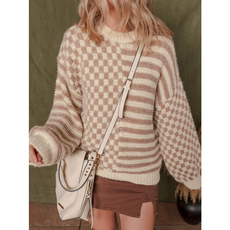 Checkerboard & Striped Pattern Knit Sweater Apparel and Accessories