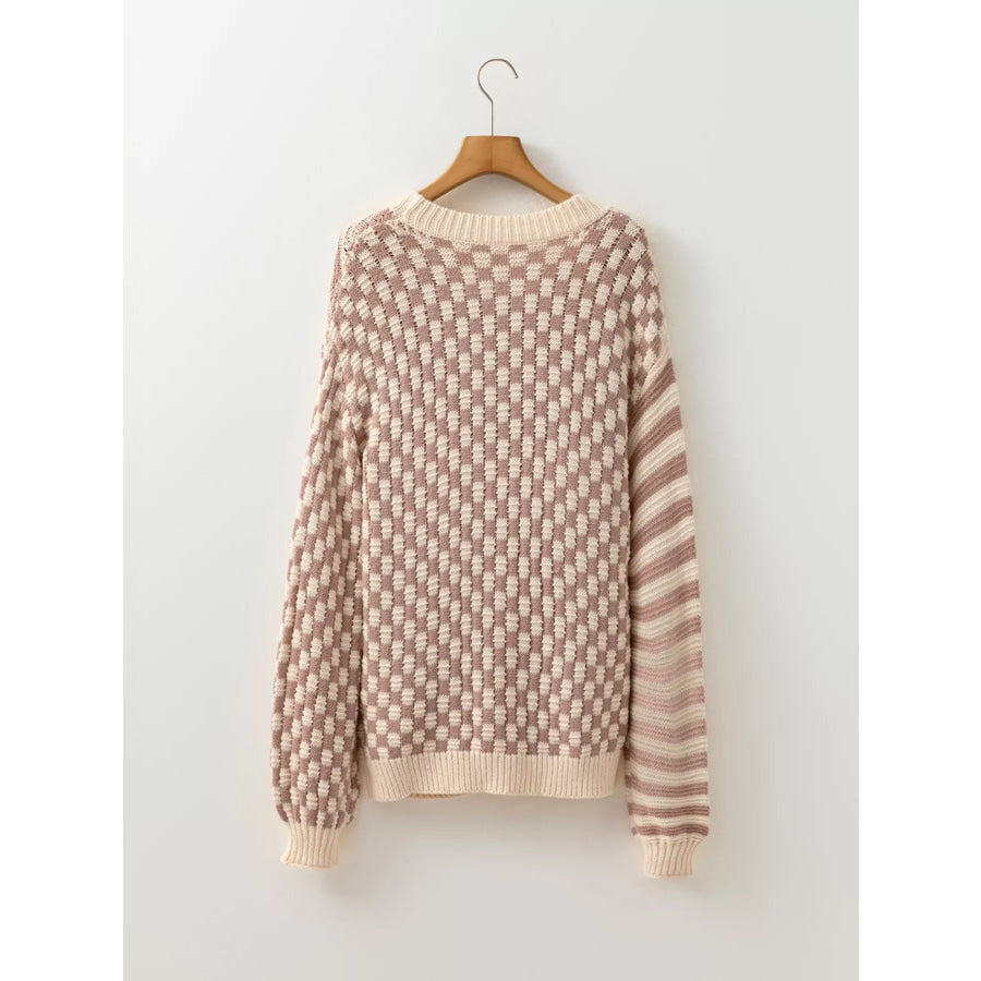Checkerboard & Striped Pattern Knit Sweater Apparel and Accessories