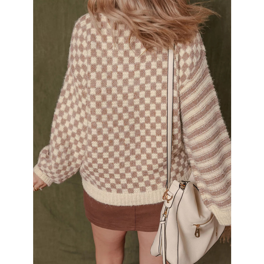 Checkerboard & Striped Pattern Knit Sweater Apparel and Accessories