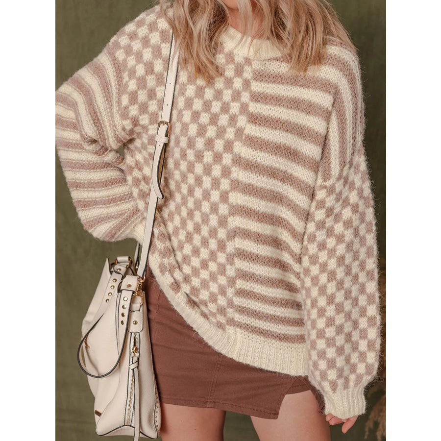 Checkerboard & Striped Pattern Knit Sweater Khaki / S Apparel and Accessories