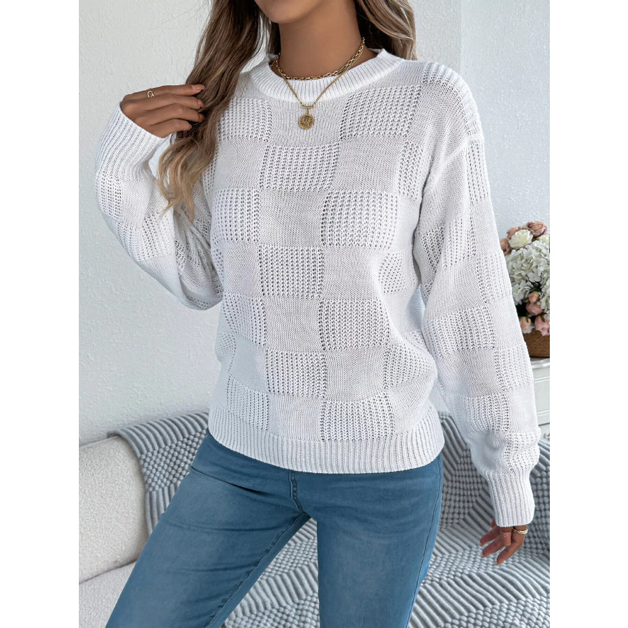 Checkerboard Textured Knit Sweater Apparel and Accessories