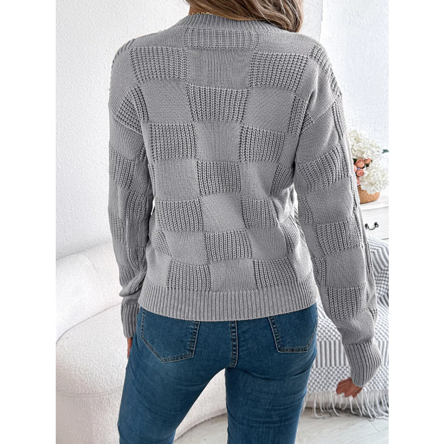 Checkerboard Textured Knit Sweater Apparel and Accessories