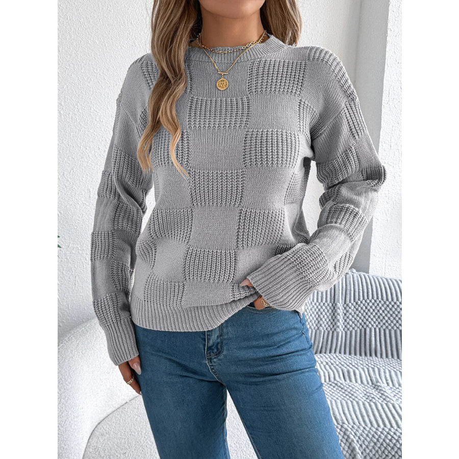 Checkerboard Textured Knit Sweater Apparel and Accessories