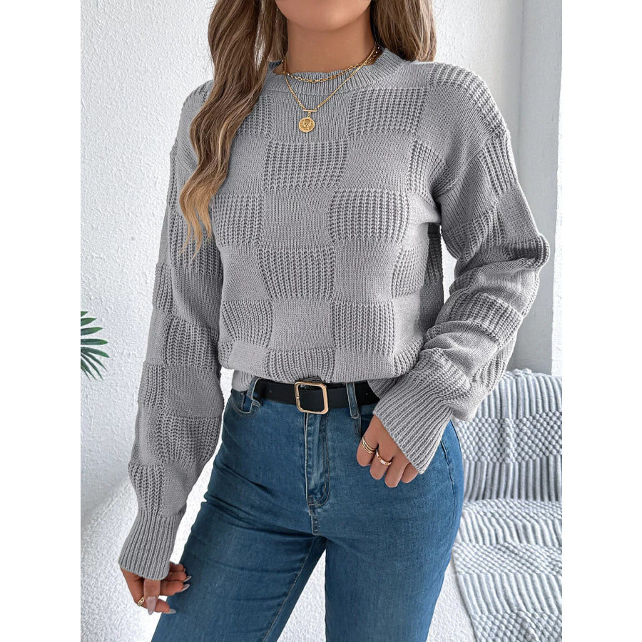 Checkerboard Textured Knit Sweater Apparel and Accessories
