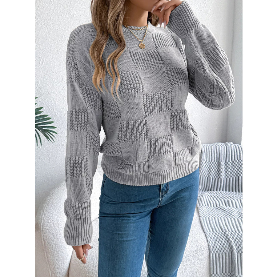 Checkerboard Textured Knit Sweater Apparel and Accessories