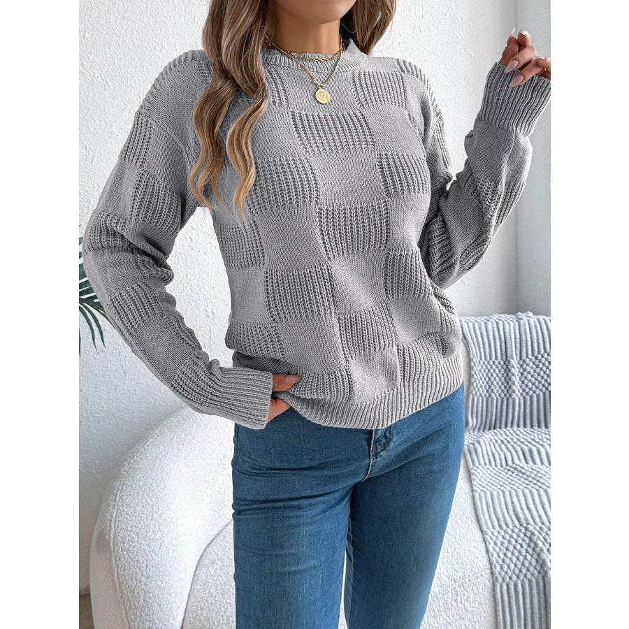 Checkerboard Textured Knit Sweater Apparel and Accessories